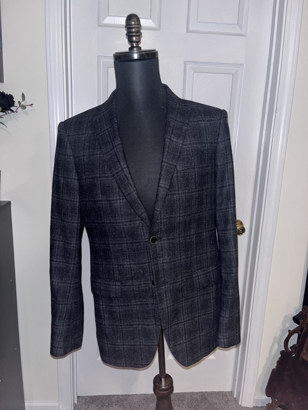 John Varvatos USA Men's 38R Gray Plaid Wool Blazer Suit Jacket Rock Edgy